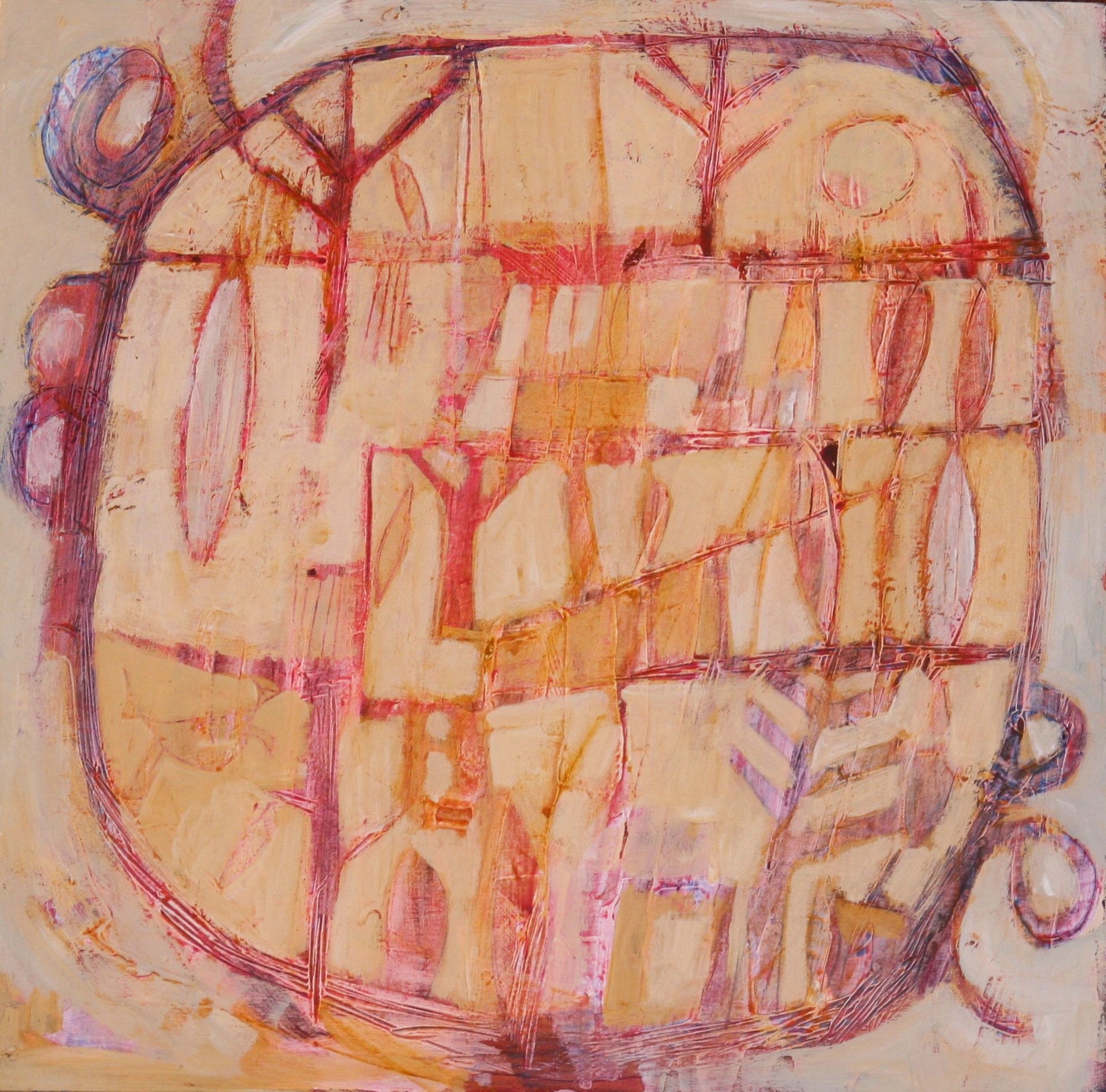 Abstract painting with warm tones and geometric shapes.